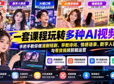 【无水印】一套课程玩转多种AI视频!手把手教你做漫剧短剧、早教诗词、情感语录、数字人探店与带货视频剪辑运营